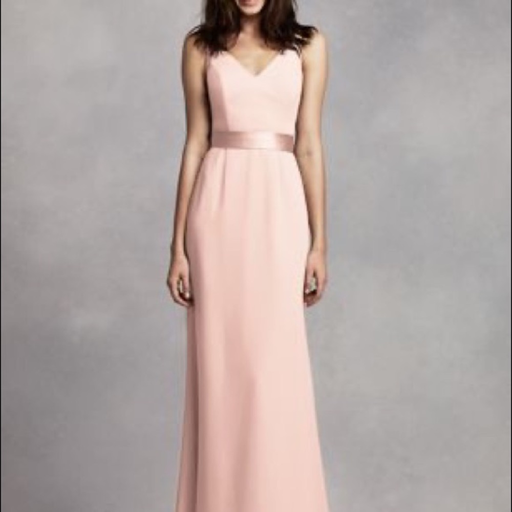 Long V-Neck Crepe Gown with Open Back Blush Bridesmaid Dress